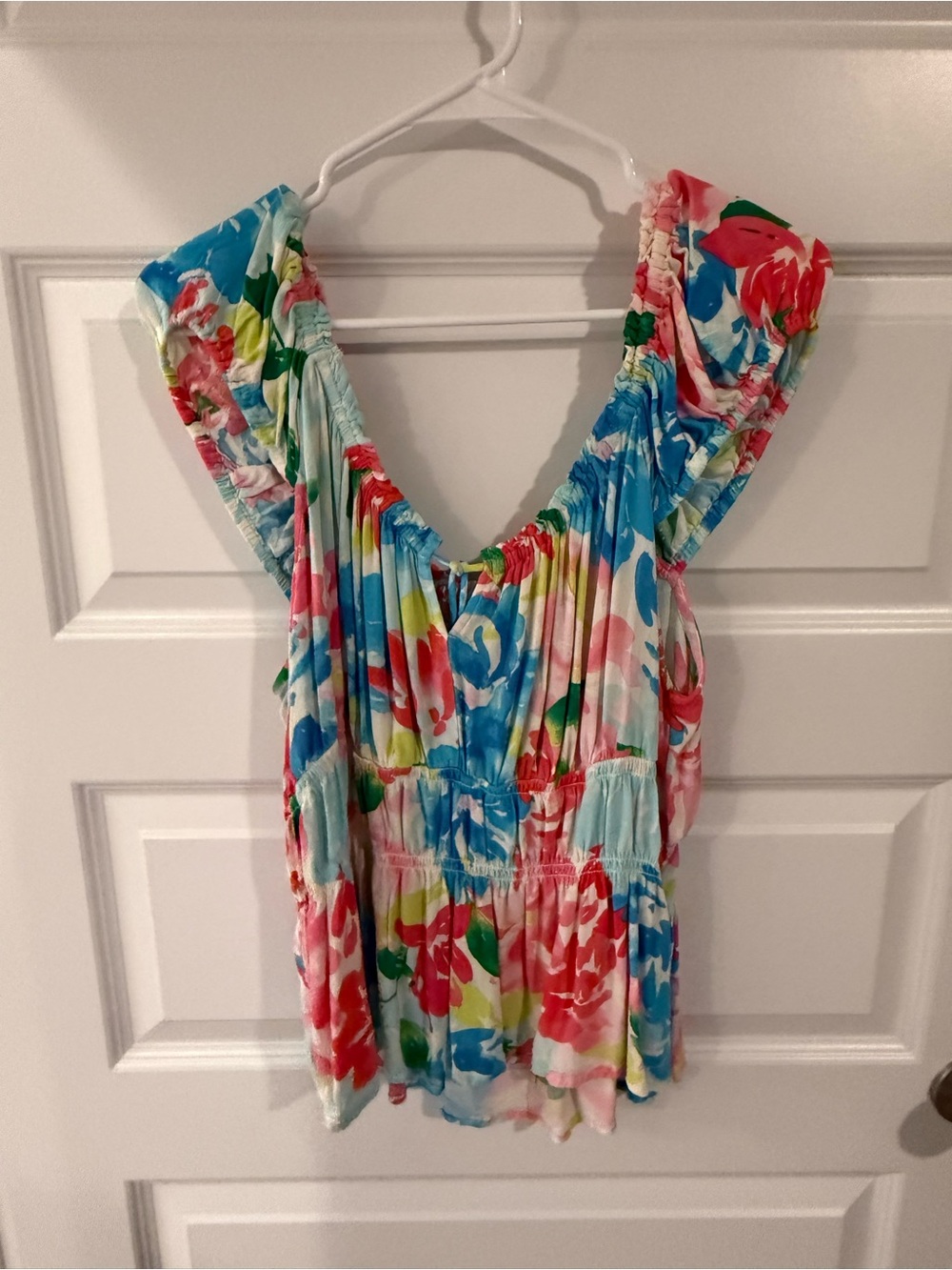 Floral Ruched V-Neck Women’s Top - Blue & Pink